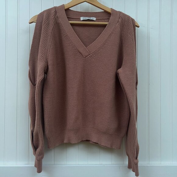 Oxford Sunday Women's Ribbed V-Neck Sweater Mauve Pink Cold Shoulder Knit Top - Picture 2 of 10